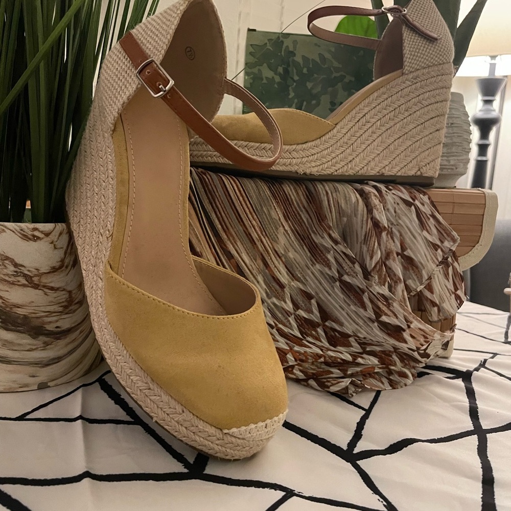 Yellow Espadrille Wedge Sandals with Brown Ankle Strap